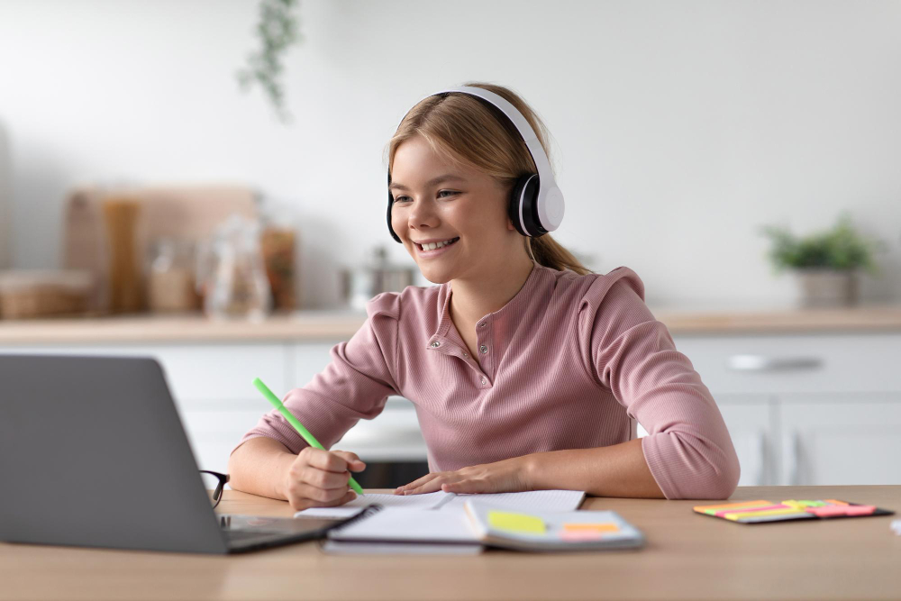 Student learning a language online